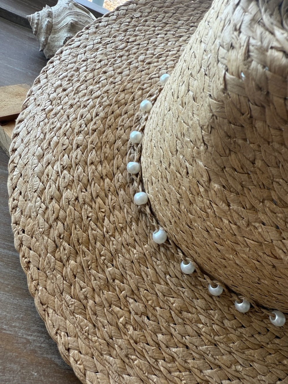 Straw Wide-Brim Beach Hat with Pearl Trim - Picture 7 of 9